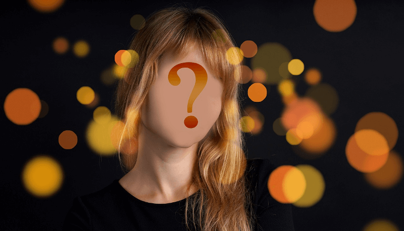 woman with blank face and question mark over it