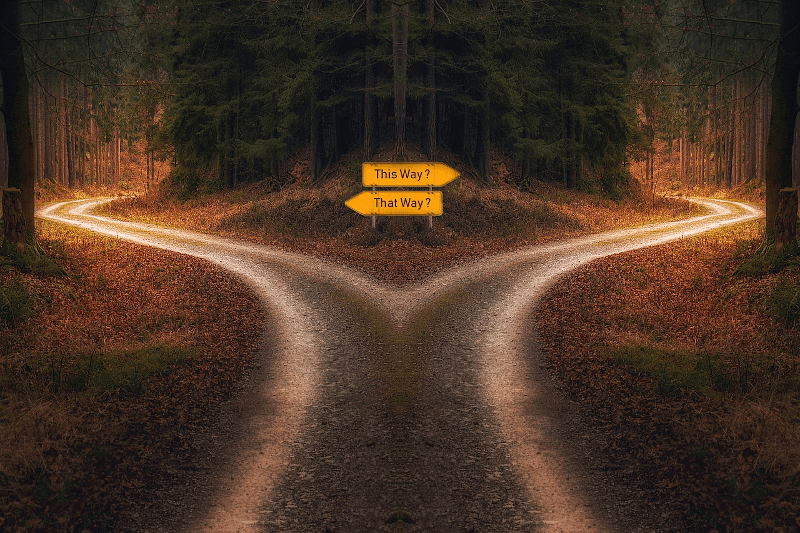 fork in a road with signs pointing each direction