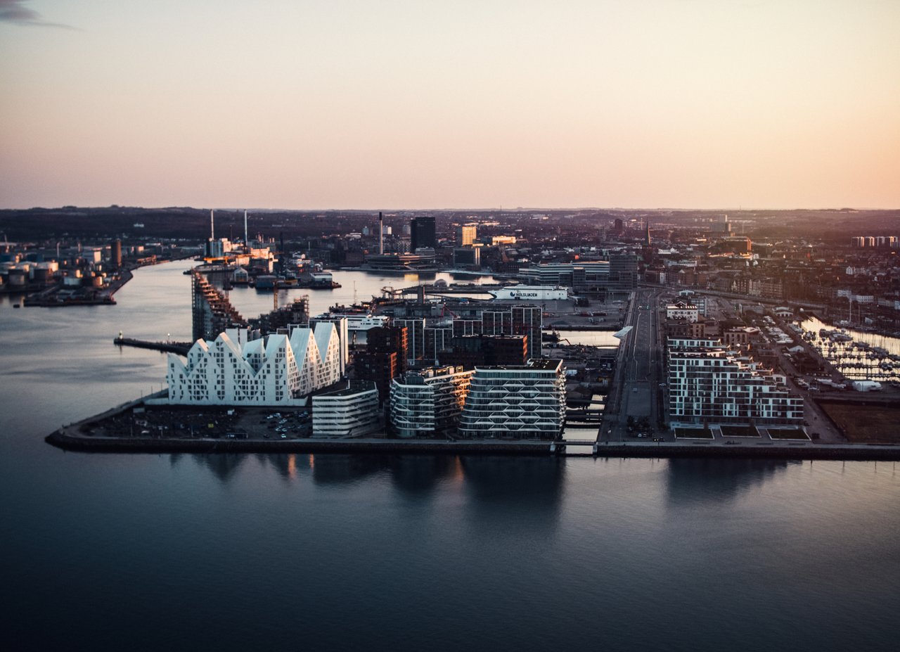 View of Aarhus Docklands where you can see the architecture The Iceberg, a housing complex.