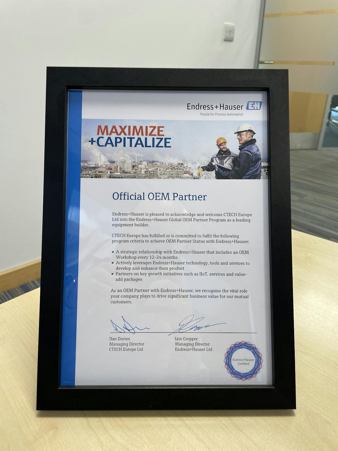 Photo of Official Certificate to Announce Partnership with Endress & Hauser