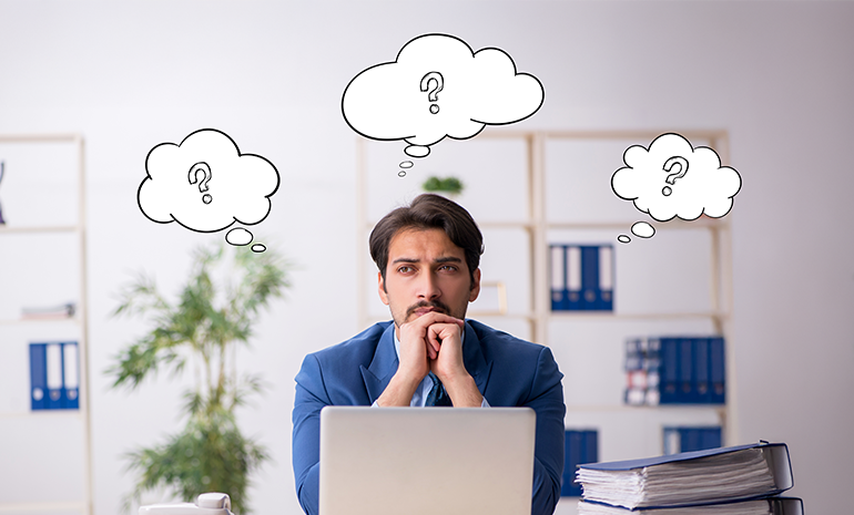 An HR thinking deeply, with numerous bubbles of thought floating above them to denote conflict of thoughts