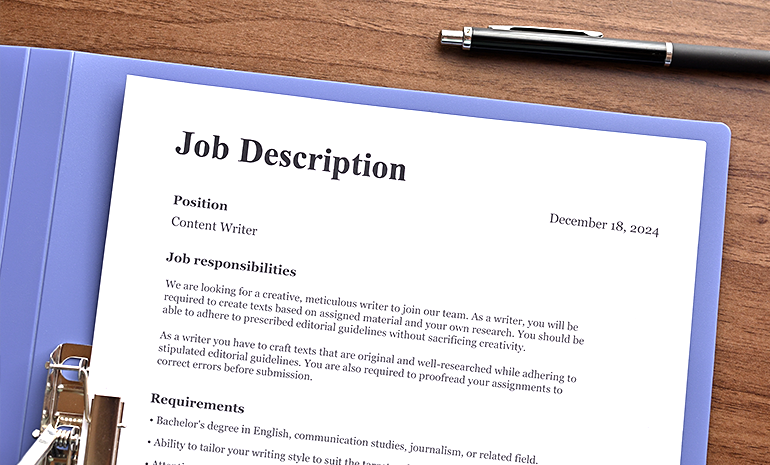 An image of a detailed JD for a writing position, something like qualification, grammar skills, etc