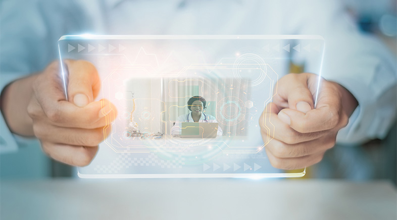 Patient hand holding digital smart tablet visual interface