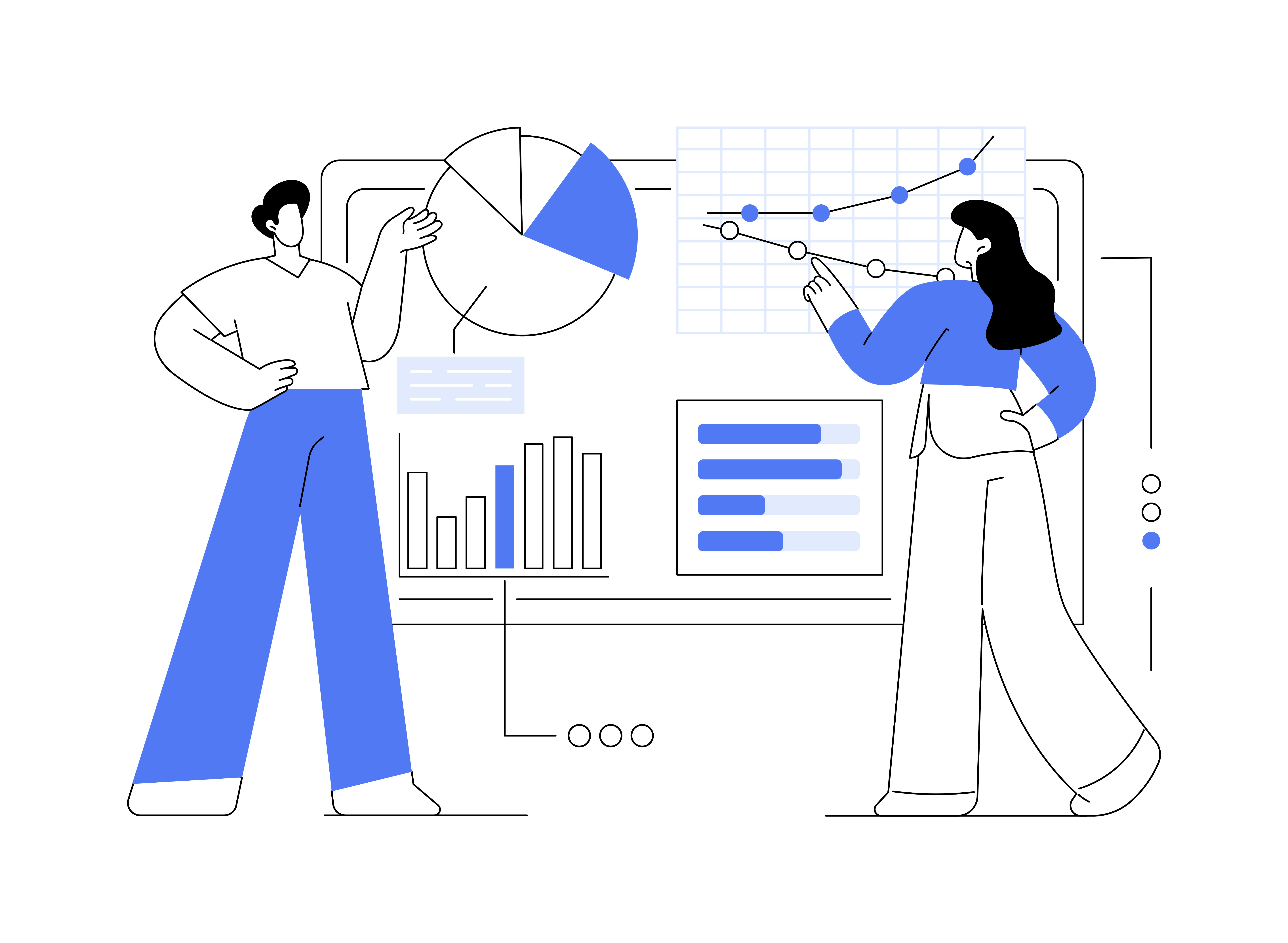 Illustration of two people presenting metric charts
