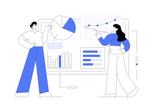 Illustration of two people presenting metric charts