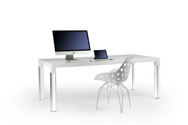 Kubikoff Chair Diamond with Dimple Holes Shell, design Sander Mulder for Kubikoff. Kubikoff MIES Table by Gino Lemson. Apple iMac by Apple Inc. Apple iPad by Apple Inc.