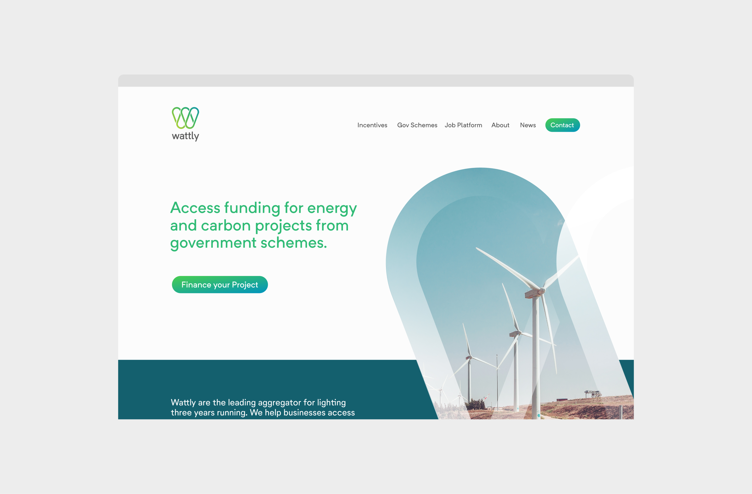 A website homepage design, stylized with Wattly brand elements and a photo of wind turbines. Access funding for energy and carbon projects from government schemes