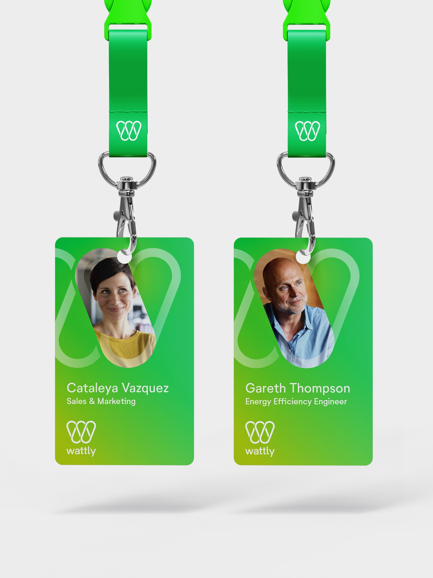 Two hanging Wattly-branded staff lanyards