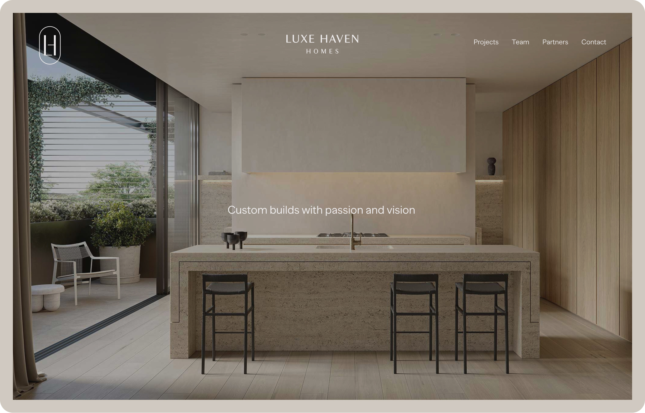 A website of an architecturally designed kitchen, with the text "Custom builds with passion and vision"
