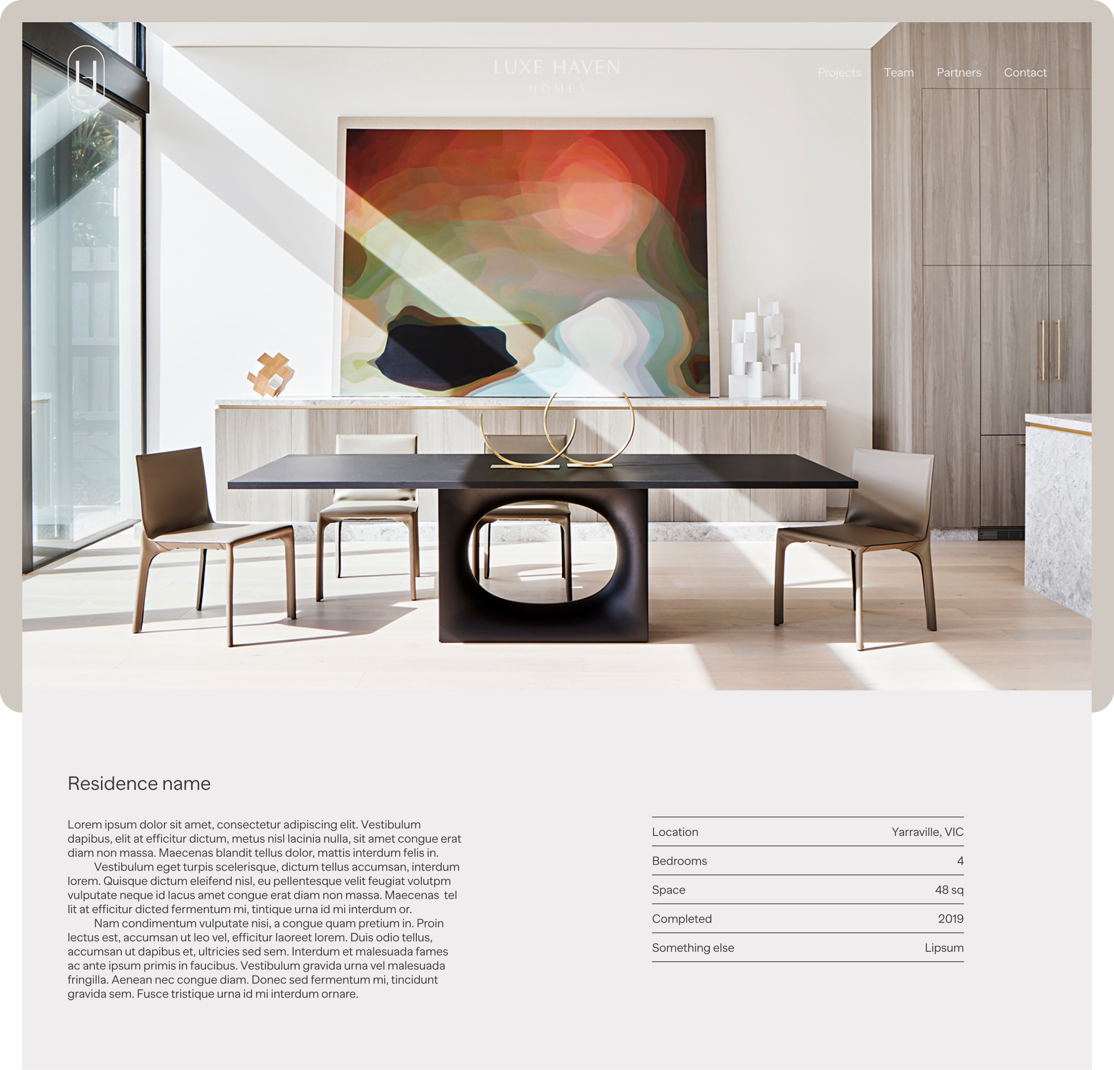 A website showing an architecturally designed dining room, and project overview