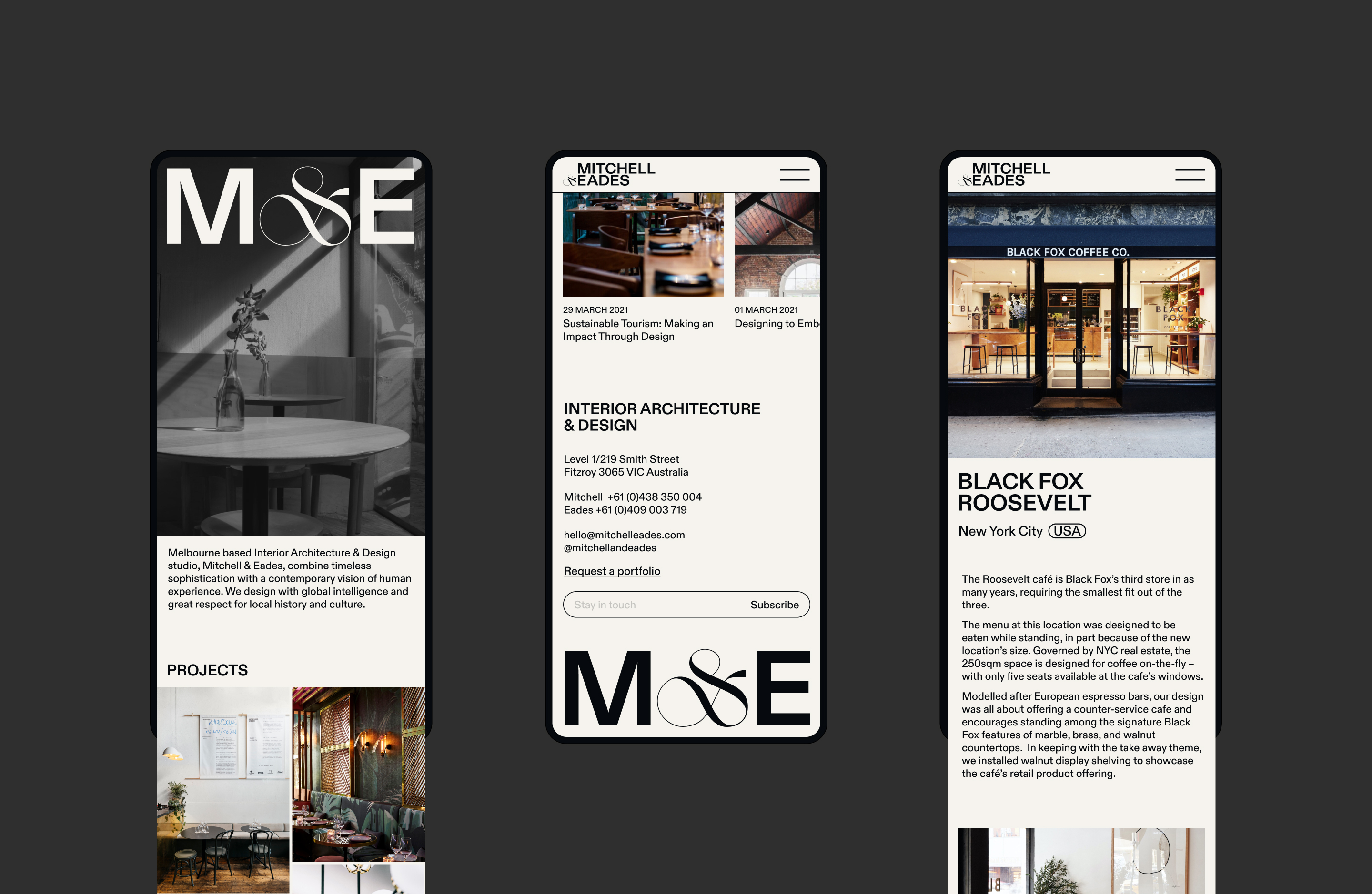 Three mobile website screens