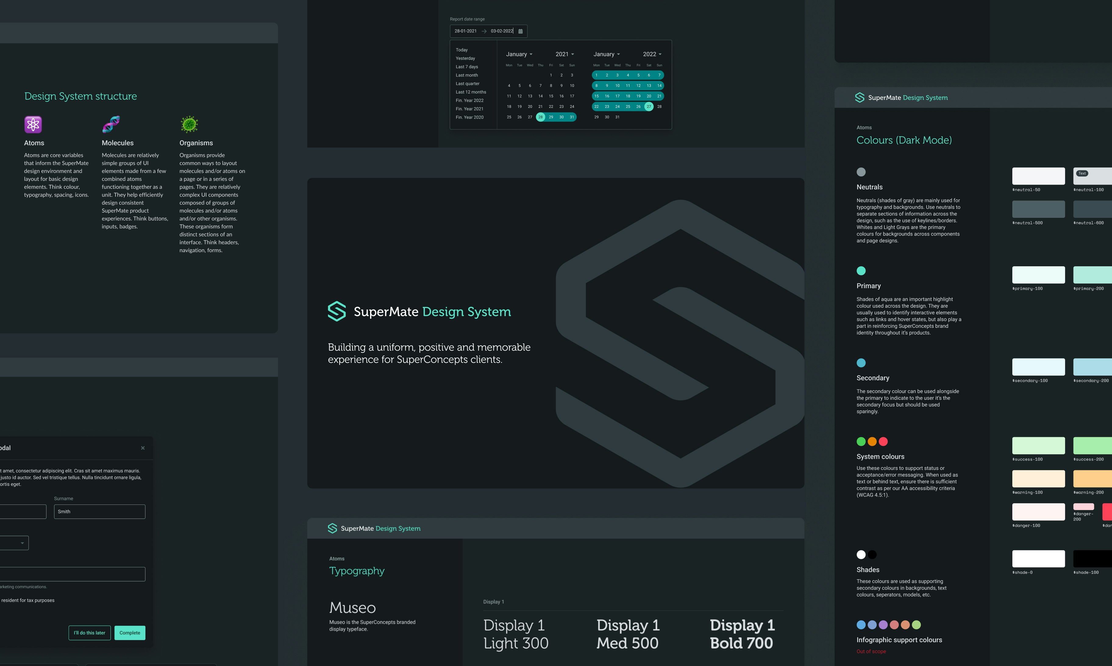 SuperMate Design System feature tile with many pages from the design system in dark mode