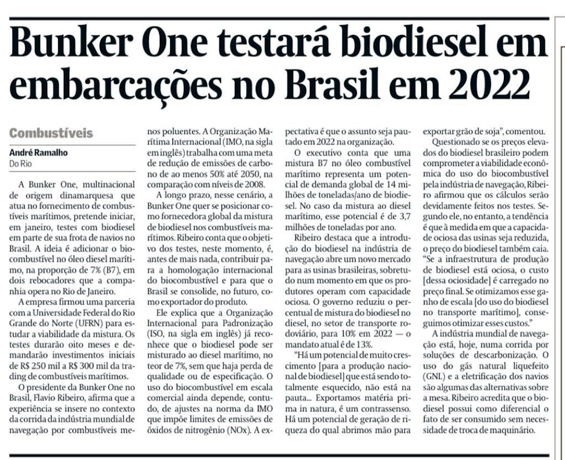 Bunker One Brazil will start testing BIO-diesel