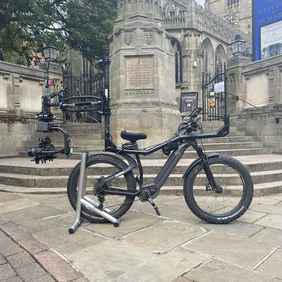 A custom Cinebike set up from Uppercut Productions outside St Mary's Church in the Lace Market, Nottingham 