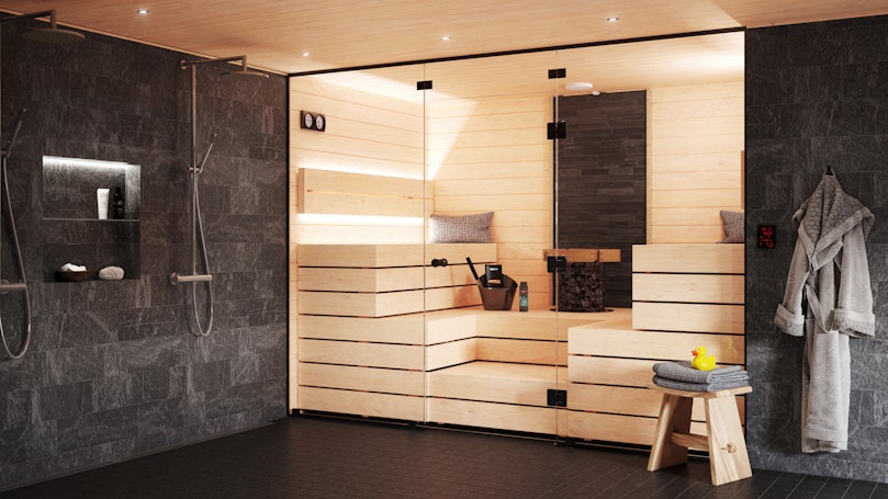 Harvia sauna block, black line glass doors & walls, cilindro black steel electric heater