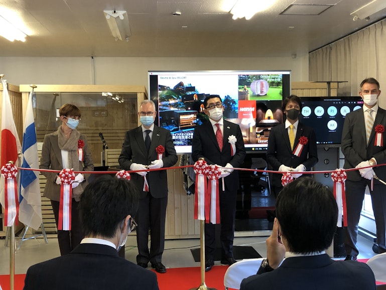 Embassy of Finland with Bergman LTD's CEO Seiji Kasama and Harvia's Japanese brand ambassador Noriaki Kasai at Harvia Showroom opening ceremony in Sapporo Japan