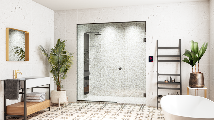 Harvia Nova Steam Shower column placed in white tiled bathroom with plants and bathsink