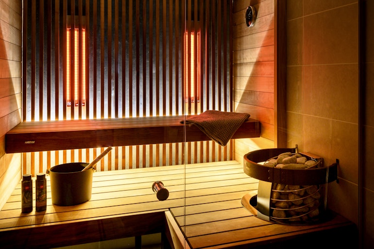 Harvia Spirit heater and Block Air sauna interior with infrared heaters