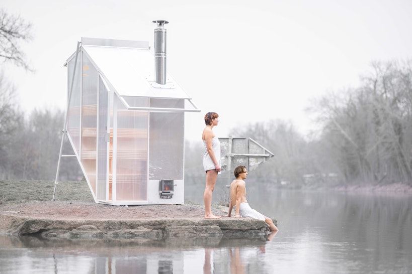 Mobile sauna by river