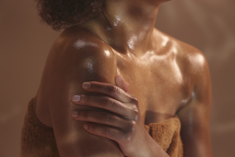 woman enjoying steam room