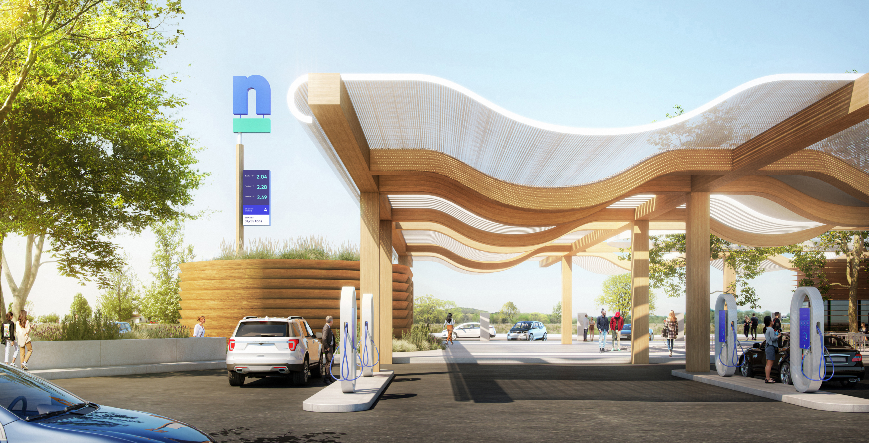 A photo-realistic rendering of the pumps at the future Nacero gasoline station
