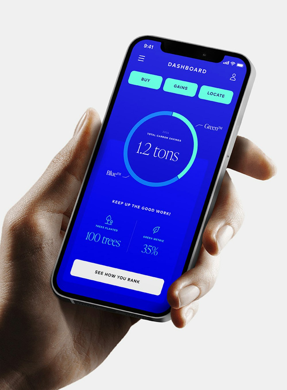 A photo-realistic rendering of a hand holding a phone with the Nacero app dashboard on screen