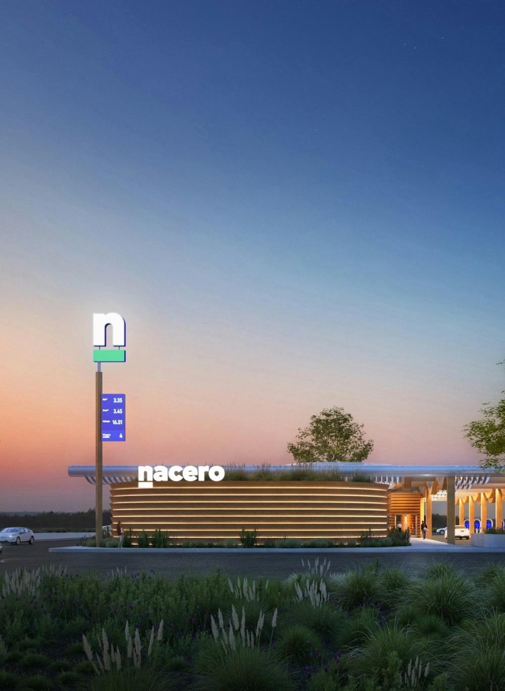 A photo-realistic rendering of the future Nacero gasoline station at dusk