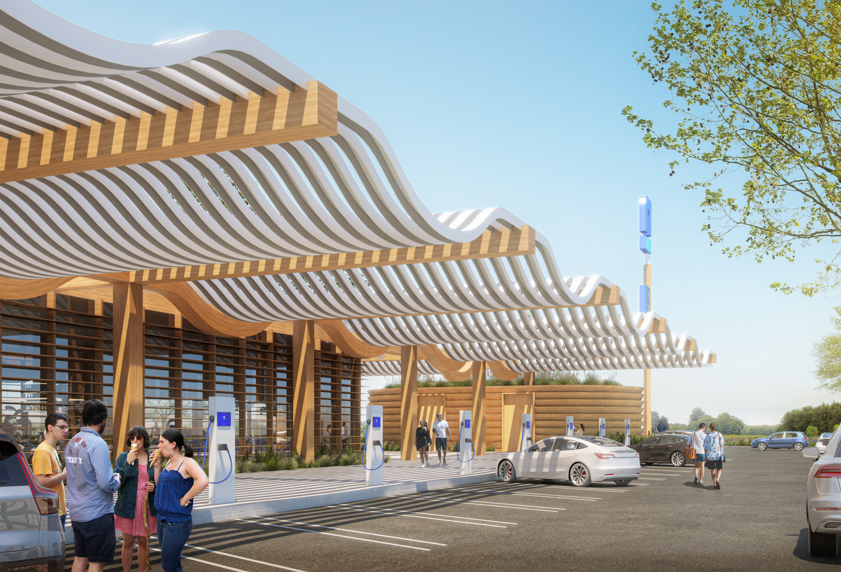 A photo-realistic rendering of the EV charging station at the future Nacero gasoline station