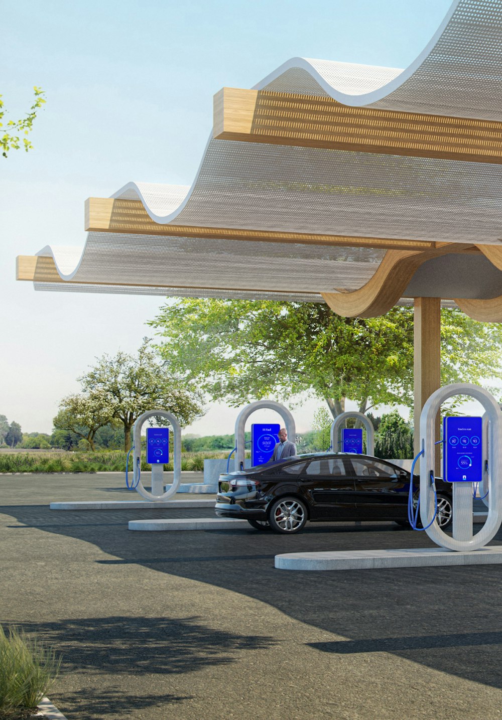A photo-realistic rendering of the pumps at the future Nacero gasoline station