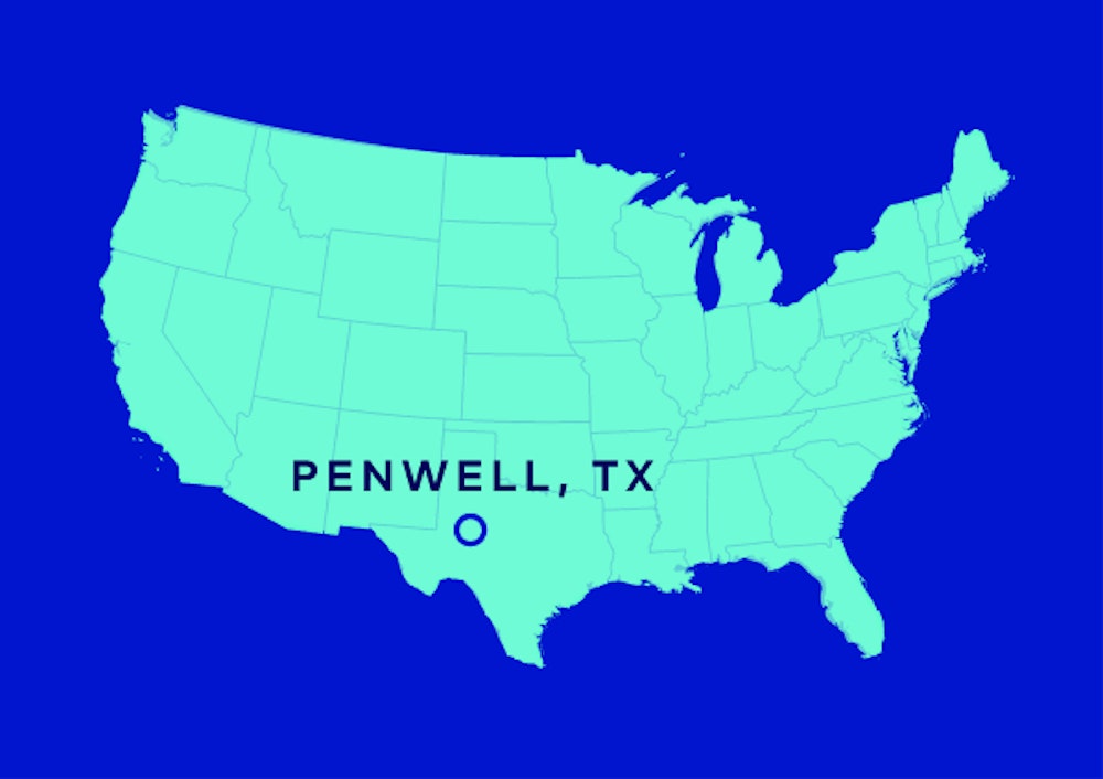 A map of the United States with a location marker on Penwell, TX