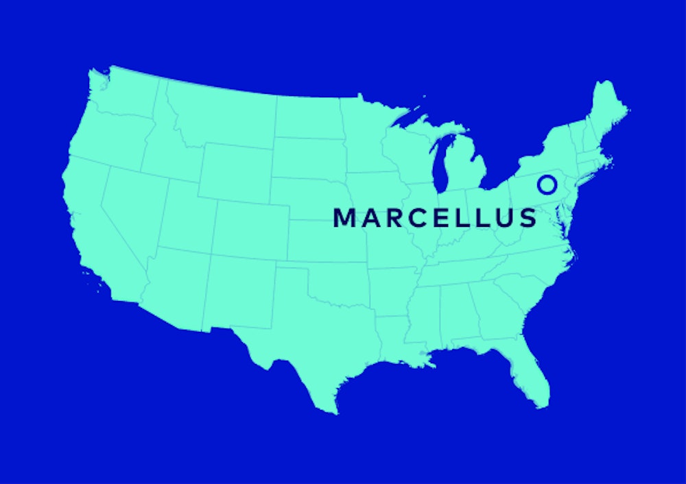 A map of the United States with a location marker on Marcellus