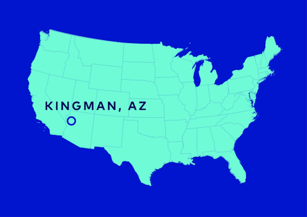 A map of the United States with a location marker on Kingman, AZ