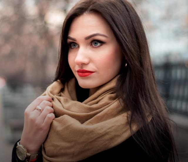 woman with red lipstick in a scarf
