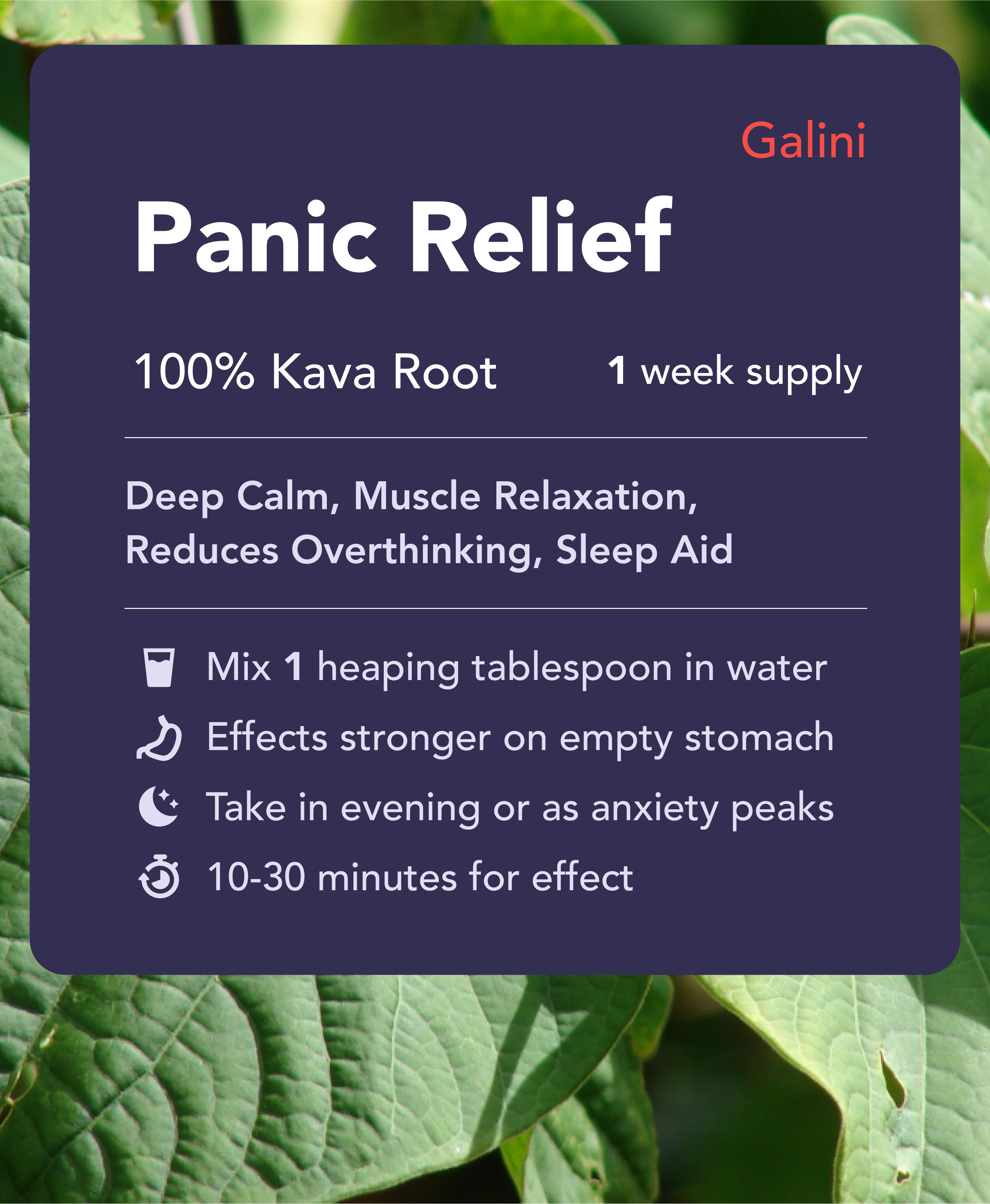 Panic Relief supplement containing Kava Kava root with nature background