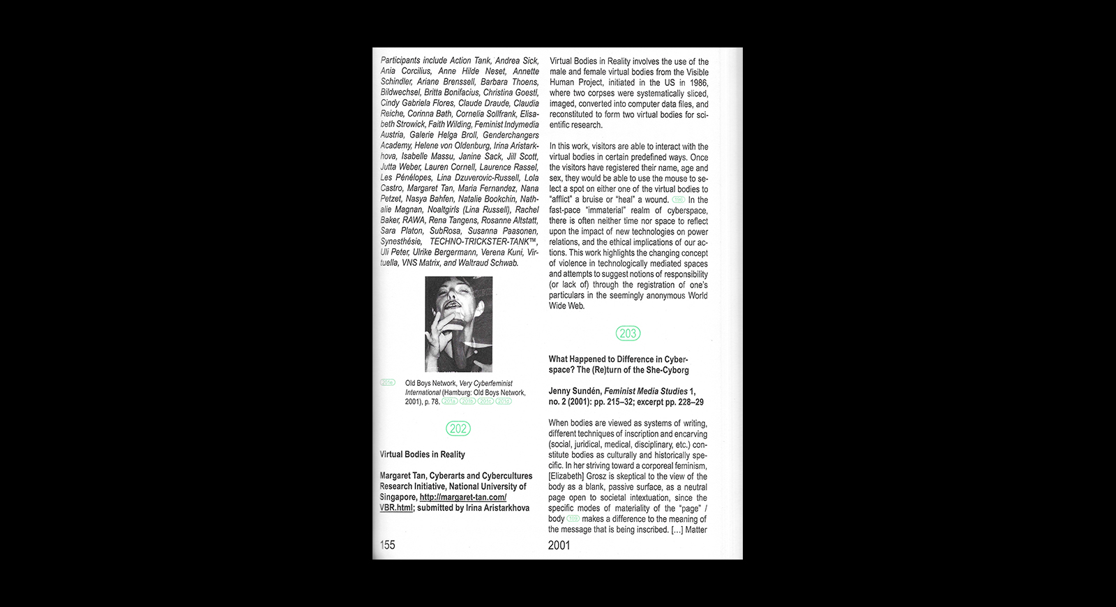 Entry 202 in Mindy Seu’s Cyberfeminism Index featuring Margaret Tan's Virtual Bodies in Reality.