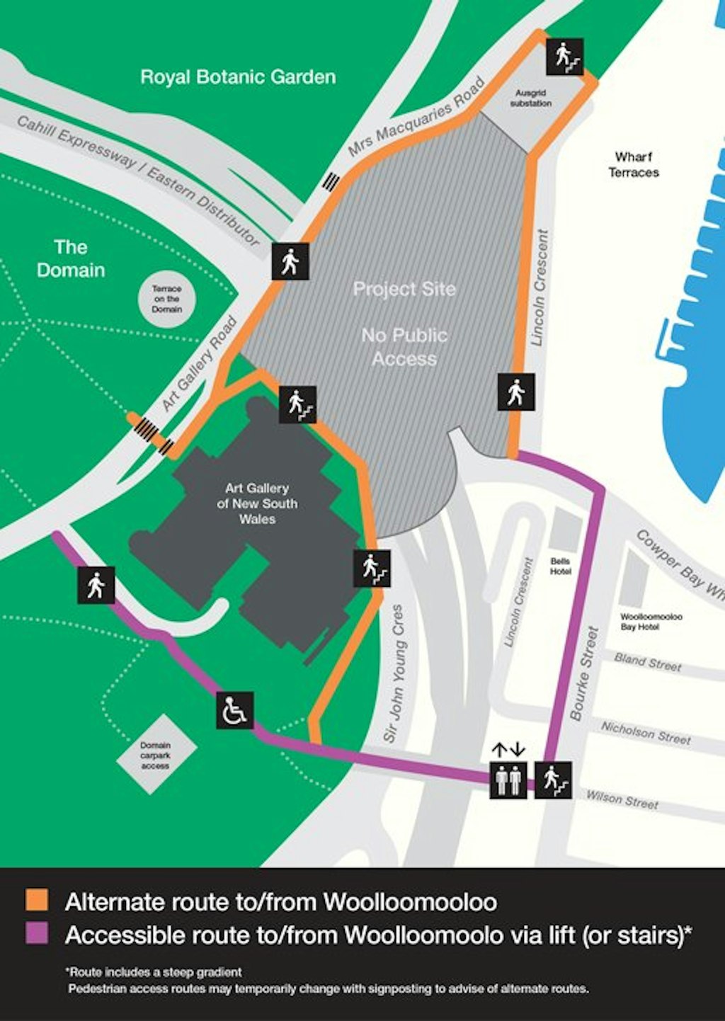 Map of pedestrian access between Woolloomooloo and the Royal Botanic Garden