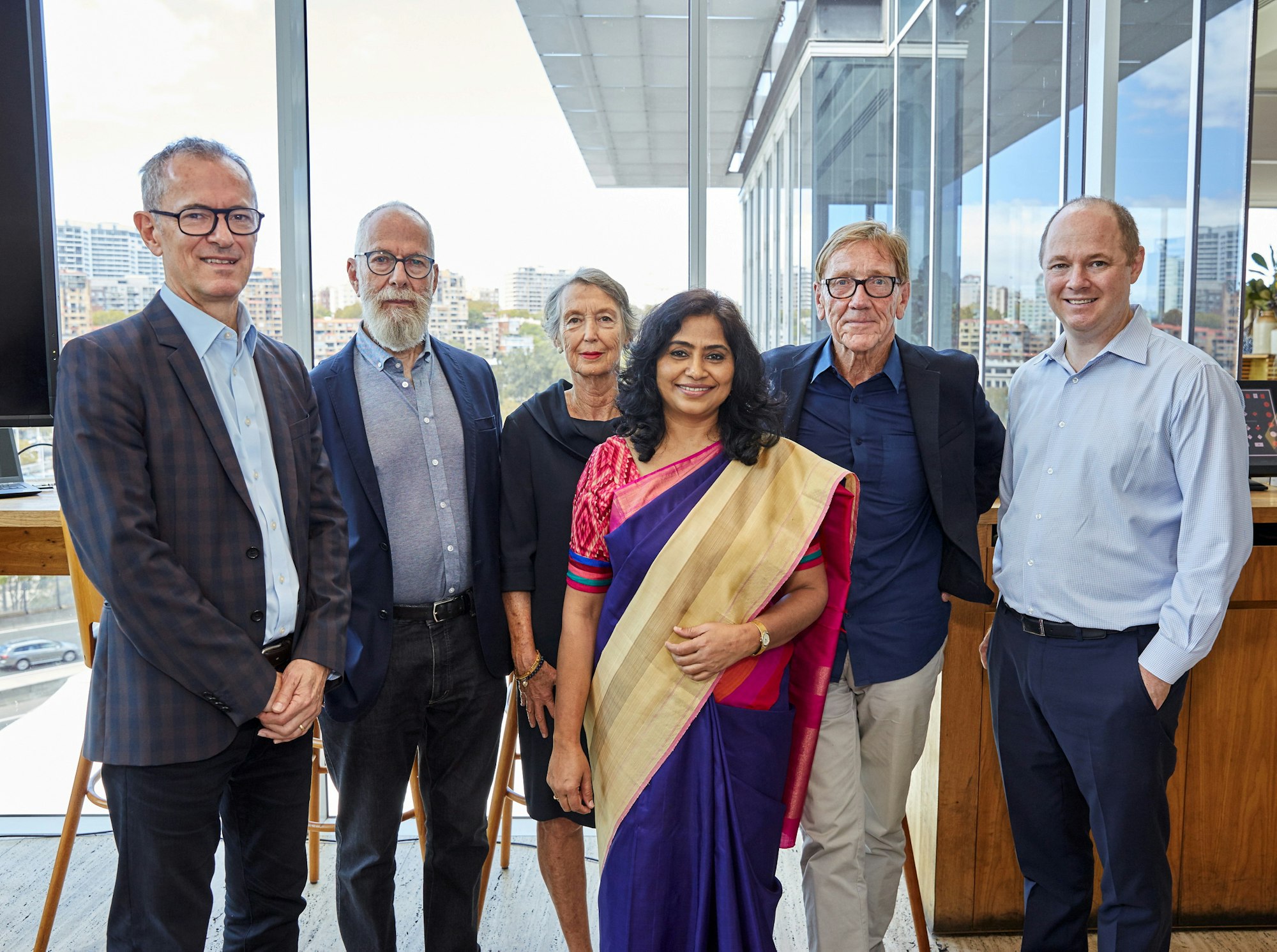 Michael Brand, John Kaldor AO, Joanna Capon OAM, 2017 Edmund Capon Fellowship recipient Vandana Sinha, Edmund Capon AM, OBE, Hamish Balnaves.