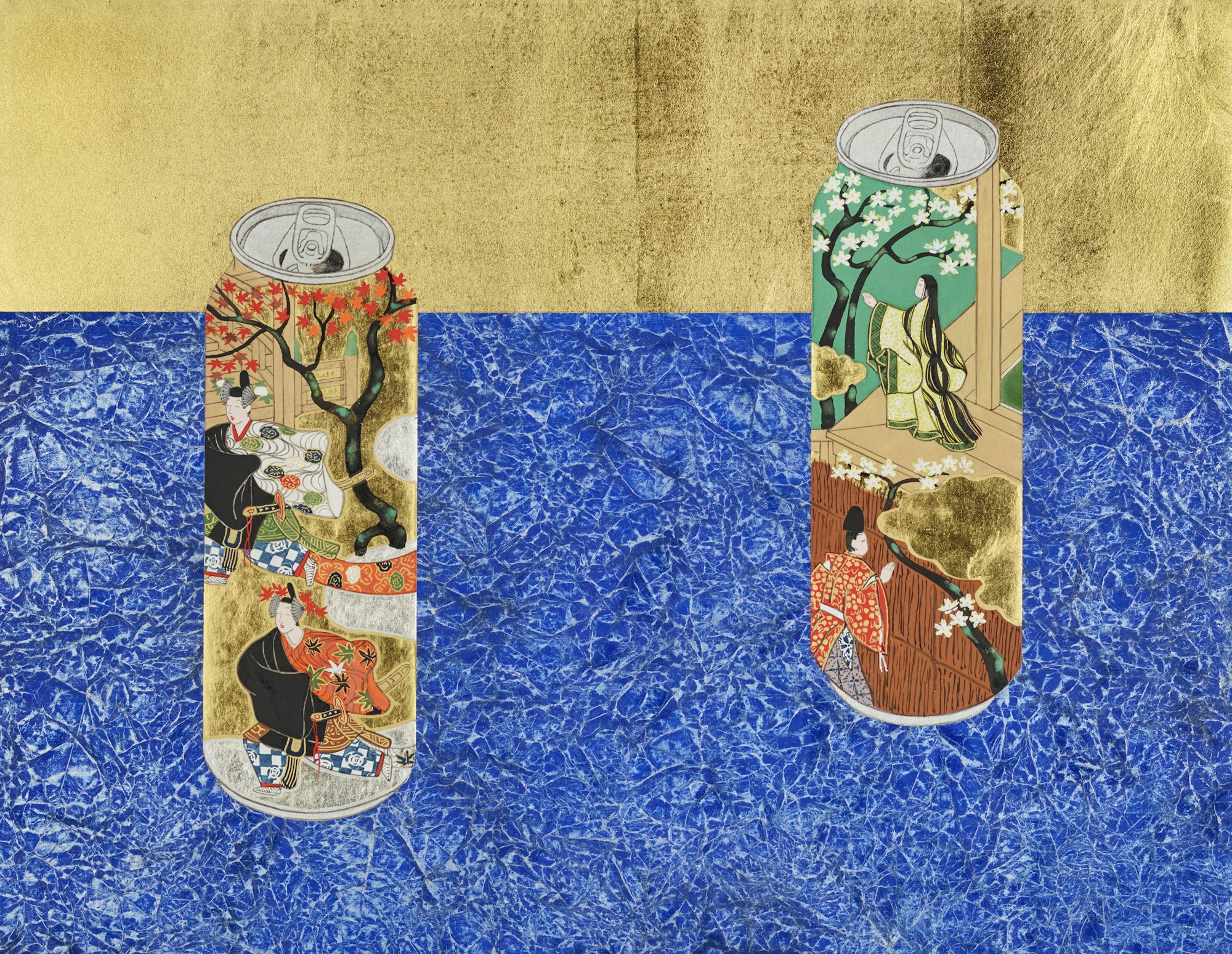 Yamamoto Tarō 'Cans decorated with scenes of chapters 'Young Murasaki' and 'Beneath the autumn leaves' from 'The Tale of Genji' on blue carpet' 2011