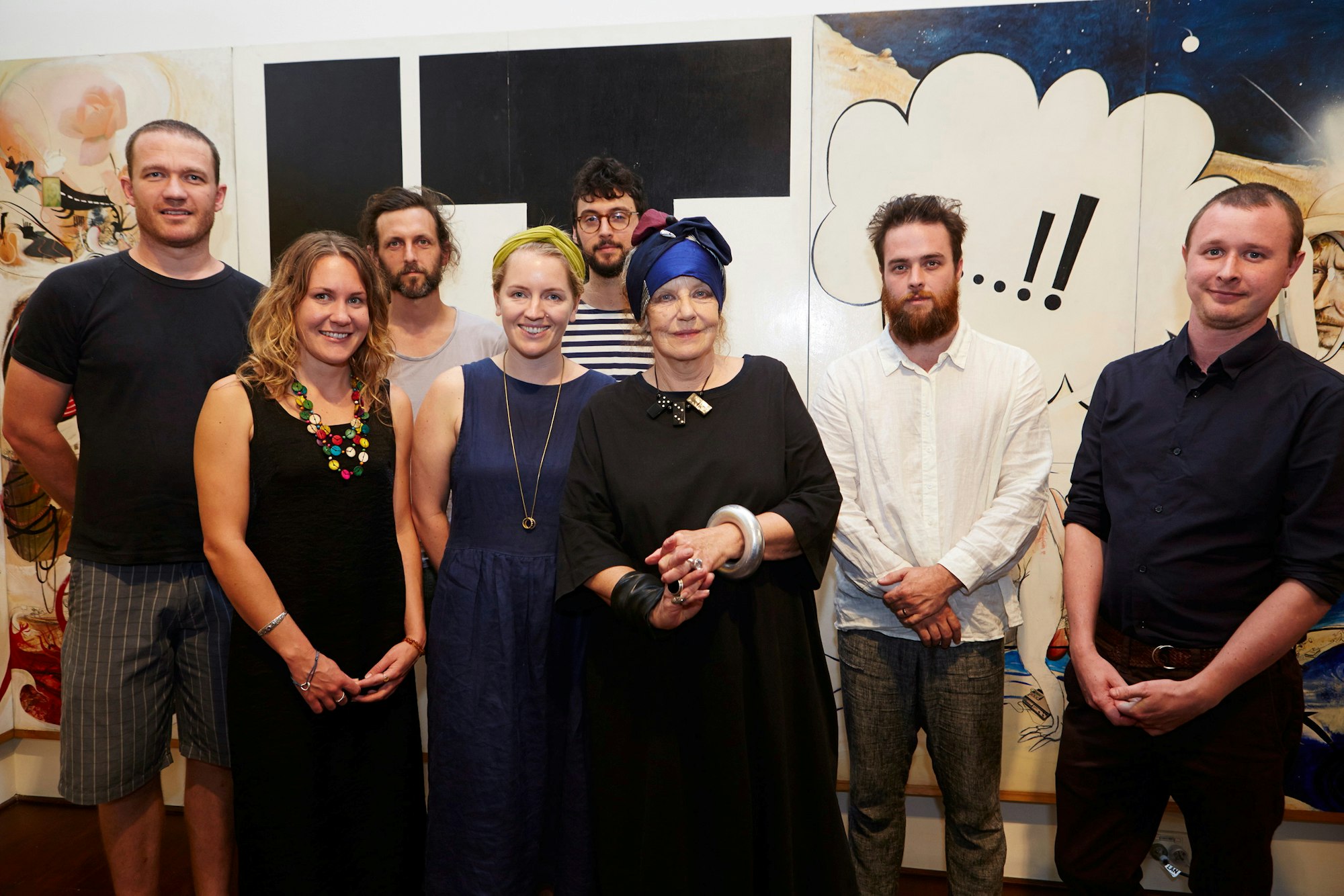 Previous winners of the Brett Whiteley Travelling Art Scholarship with Wendy Whiteley (left to right): Alan Jones, Nicole Kelly, Nathan Hawkes, Becky Gibson, Belem Lett, Wendy Whiteley, James Drinkwater, Mitch Cairns