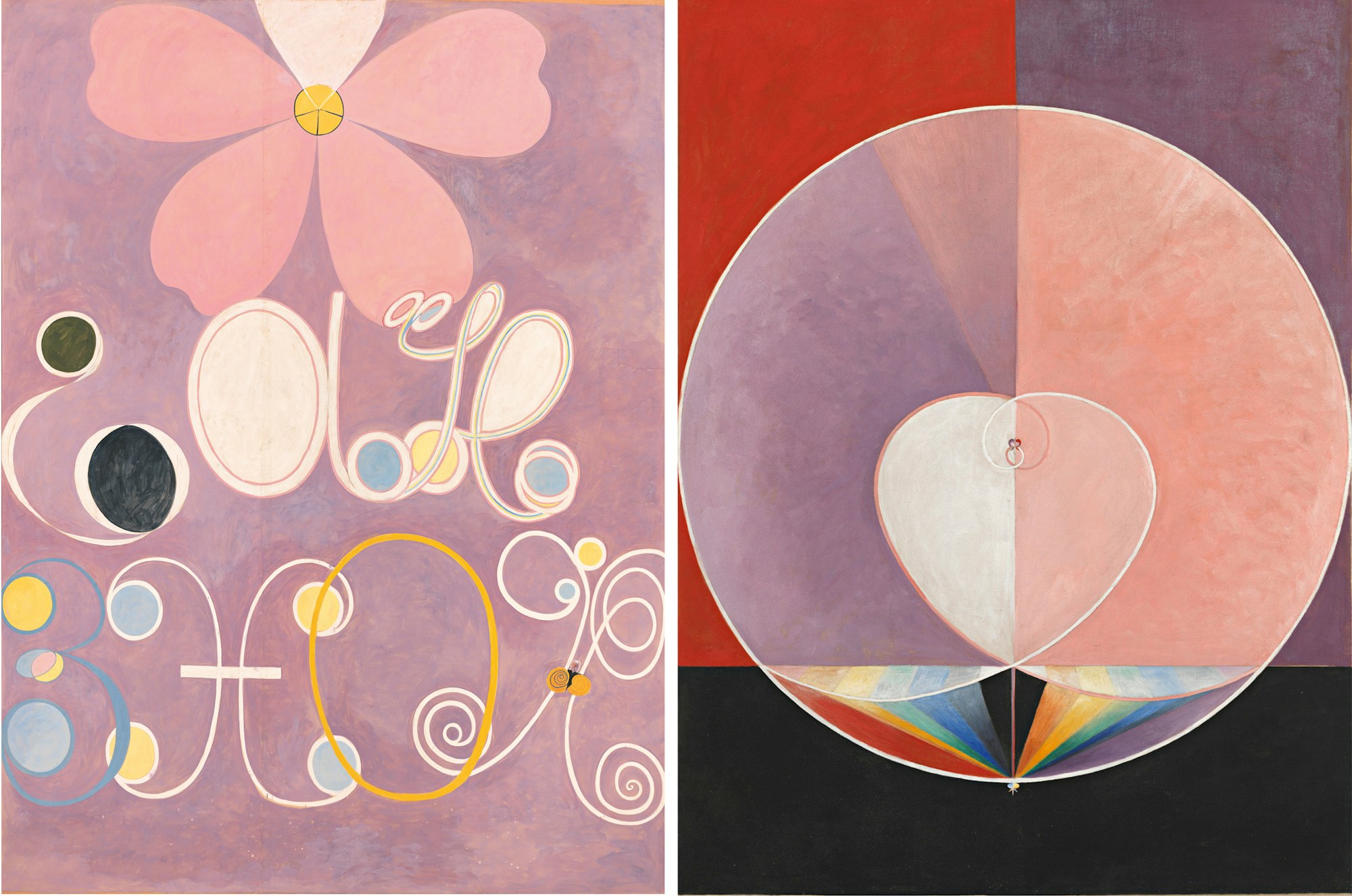 Left to right: Hilma af Klint The Ten Largest, Group IV, No. 5, Adulthood 1907 HAK106; Group IX/UW, The Dove No. 2 1915 HAK174. By courtesy of the Hilma af Klint Foundation. Photos: The Moderna Museet, Stockholm, Sweden