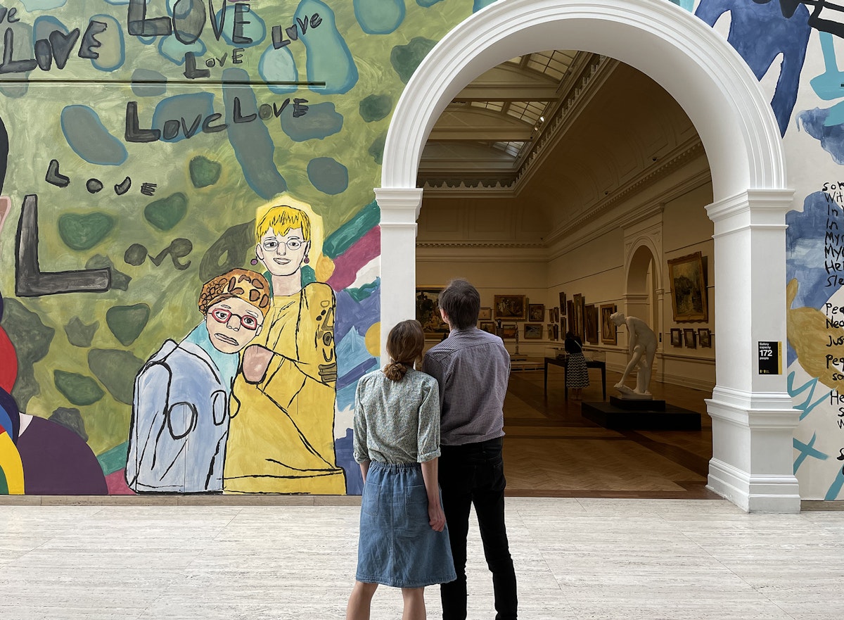 Members viewing Studio A ‘Love owls and mermaids singing in the rainbow pop’ 2020 (detail), created for ‘Archie Plus’