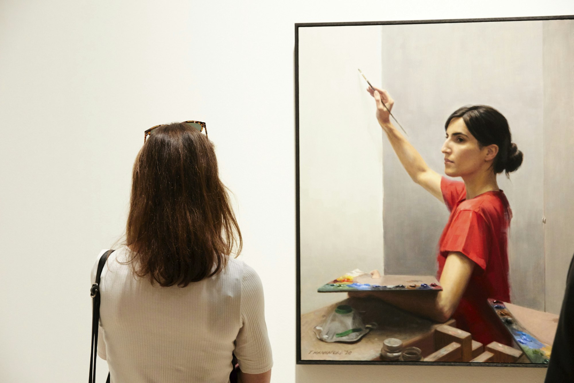 Archibald Prize 2020 exhibition installation. Archibald Prize 2020 finalist, Tsering Hannaford Self-portrait after Allegory of Painting (detail).