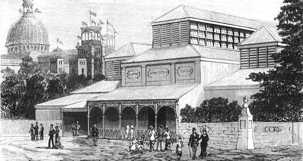 The Gallery’s first dedicated building is constructed in 1879 as part of the Sydney International Exhibition. Situated in the Botanic Garden, ‘The Fine Arts Annexe’, as it is known, consists of three long galleries designed by architect William Wardell. Image: Official Record of the International Exhibition