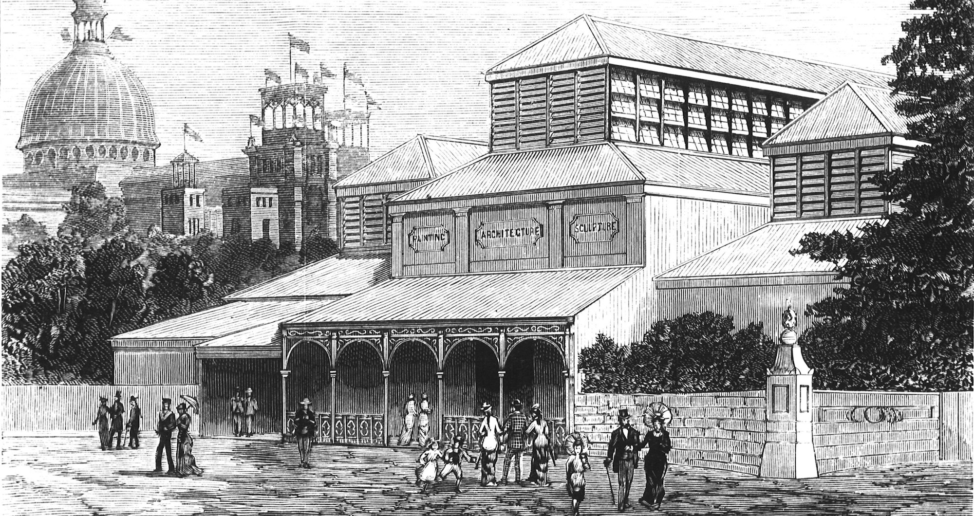 The Gallery’s first dedicated building is constructed in 1879 as part of the Sydney International Exhibition. Situated in the Botanic Garden, ‘The Fine Arts Annexe’, as it is known, consists of three long galleries designed by architect William Wardell. Image: Official Record of the International Exhibition