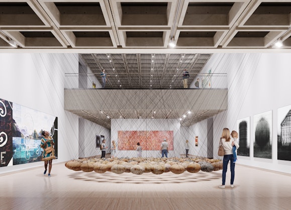 Image of the Art Gallery of New South Wales as produced by Mogamma for Tonkin Zulaikha Greer Architects © Mogamma. Featuring artworks left to right: Imants Tillers, Counting: one, two, three, 1988 © Imants Tillers; Ken Unsworth, Suspended stone circle II, 1974-77, 1988 © Ken Unsworth; Emily Kame Kngwarreye, Untitled (Alhalker), 1992 © Emily Kame Kngwarreye; Idris Khan, every… Bernd & Hilla Becher Prison Type Gasholder every… Bernd & Hilla Becher Spherical Type Gasholder every… Bernd & Hilla Becher Gable Sided House, 2004, printed 2005 © Idris Khan, courtesy Victoria Miro Gallery, London.
