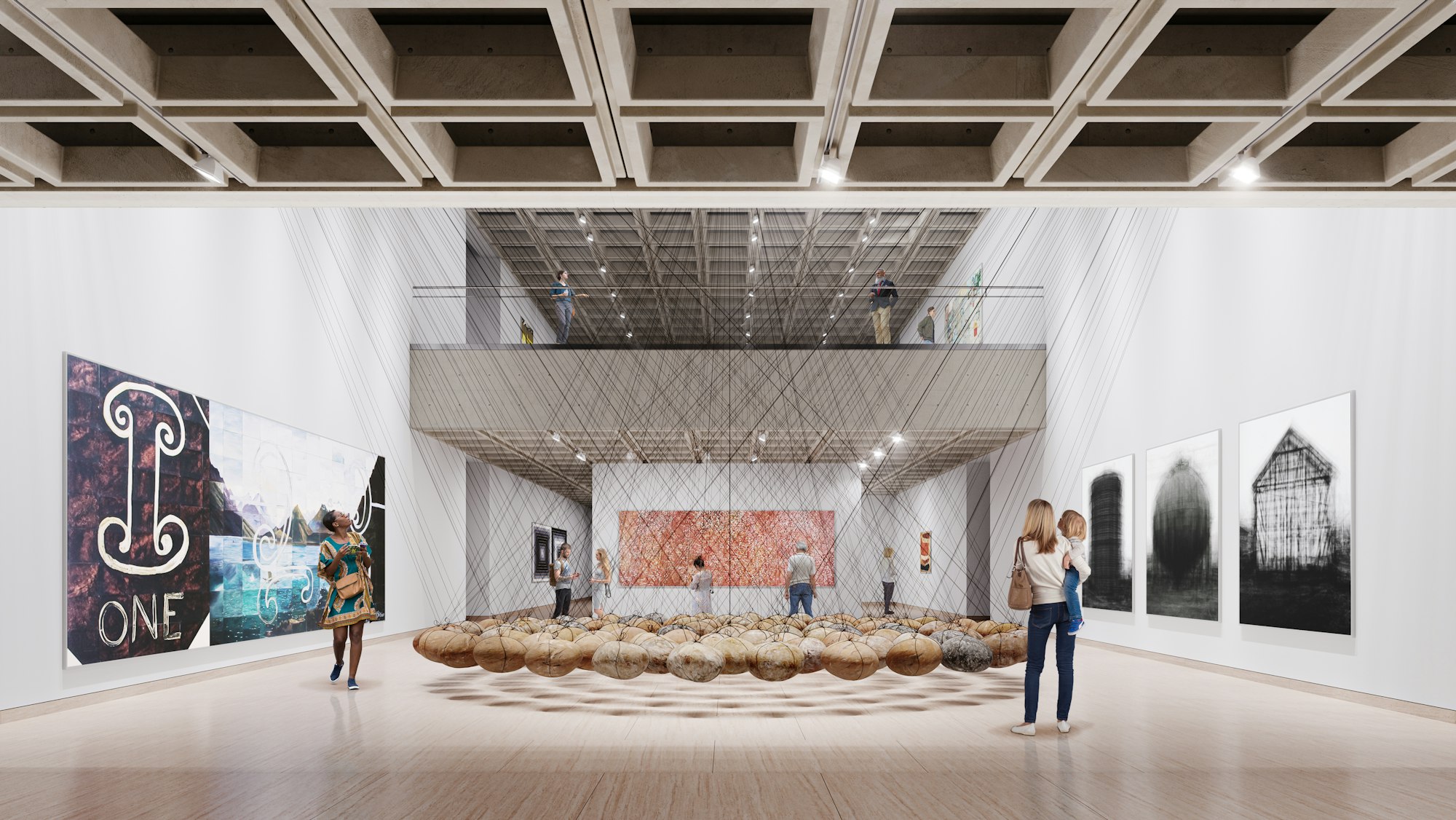 Image of the Art Gallery of New South Wales as produced by Mogamma for Tonkin Zulaikha Greer Architects © Mogamma. Featuring artworks left to right: Imants Tillers, Counting: one, two, three, 1988 © Imants Tillers; Ken Unsworth, Suspended stone circle II, 1974-77, 1988 © Ken Unsworth; Emily Kame Kngwarreye, Untitled (Alhalker), 1992 © Emily Kame Kngwarreye; Idris Khan, every… Bernd & Hilla Becher Prison Type Gasholder every… Bernd & Hilla Becher Spherical Type Gasholder every… Bernd & Hilla Becher Gable Sided House, 2004, printed 2005 © Idris Khan, courtesy Victoria Miro Gallery, London.