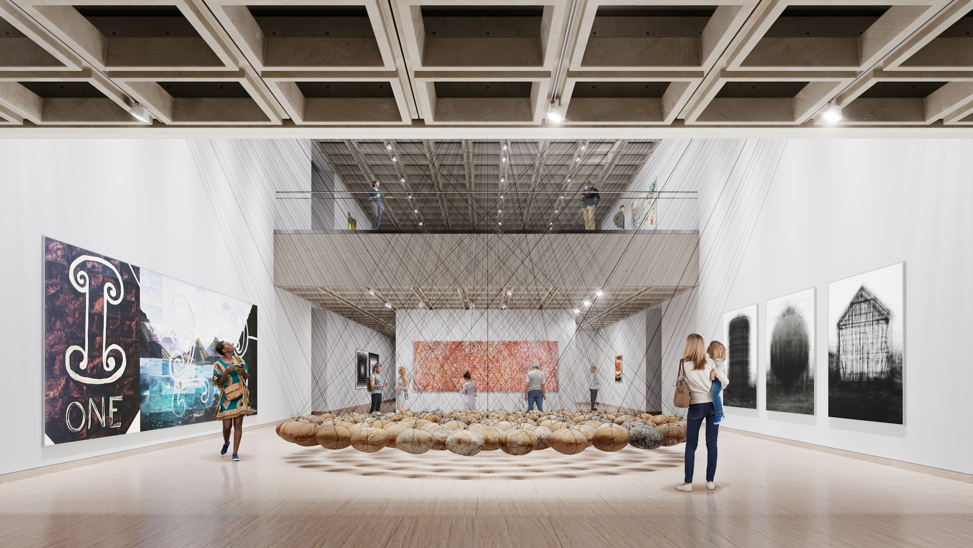 Image of the Art Gallery of New South Wales as produced by Mogamma for Tonkin Zulaikha Greer Architects © Mogamma. Featuring artworks left to right: Imants Tillers, Counting: one, two, three, 1988 © Imants Tillers; Ken Unsworth, Suspended stone circle II, 1974-77, 1988 © Ken Unsworth; Emily Kame Kngwarreye, Untitled (Alhalker), 1992 © Emily Kame Kngwarreye; Idris Khan, every… Bernd & Hilla Becher Prison Type Gasholder every… Bernd & Hilla Becher Spherical Type Gasholder every… Bernd & Hilla Becher Gable Sided House, 2004, printed 2005 © Idris Khan, courtesy Victoria Miro Gallery, London.