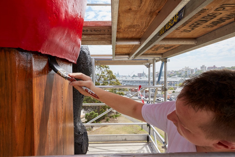 Almost Once by Brett Whiteley and Matthew Dillon, 1968/1991. In 2017, extensive conservation treatment of the sculpture was undertaken involving the expertise of many people – from timber specialists and engineers to painters, conservators, curators, and the artist’s estate. 