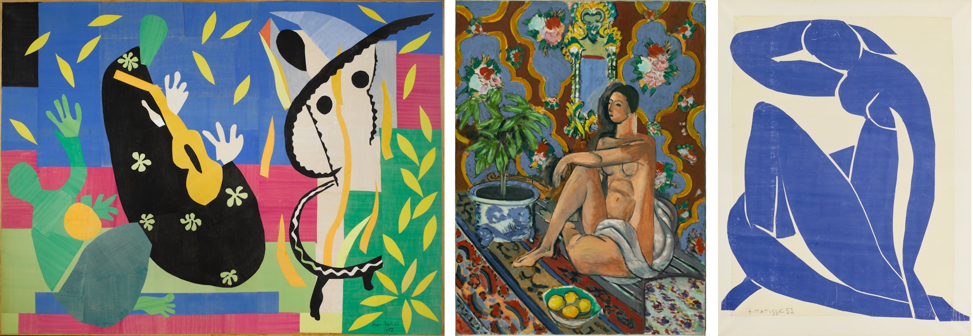 Left to right: Henri Matisse The sorrow of the king (La tristesse du roi) 1952. Centre Pompidou, Musée national d’art moderne AM3279P. Photo © Philippe Migeat — Centre Pompidou, MNAM-CCI /Dist RMN GP. © Succession H Matisse/Copyright Agency, 2019; Decorative figure on an ornamental ground (Figure décorative sur fond ornemental) 1925. Centre Pompidou, Musée national d’art moderne AM2149P. Photo © Philippe Migeat — Centre Pompidou, MNAM-CCI /Dist RMN-GP © Succession H Matisse/Copyright Agency, 2019; Blue nude II (Nu bleu II) 1952. Centre Pompidou, Musée national d’art moderne AM1984-276. Photo © Service de la documentation photographique du MNAM — Centre Pompidou, MNAM-CCI /Dist RMN-GP. © Succession H Matisse/Copyright Agency, 2019