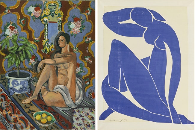 Decorative figure on an ornamental ground (Figure décorative sur fond ornemental) 1925. Centre Pompidou, Musée national d’art moderne AM2149P. Photo © Philippe Migeat — Centre Pompidou, MNAM-CCI /Dist RMN-GP © Succession H Matisse/Copyright Agency, 2019; Blue nude II (Nu bleu II) 1952. Centre Pompidou, Musée national d’art moderne AM1984-276. Photo © Service de la documentation photographique du MNAM — Centre Pompidou, MNAM-CCI /Dist RMN-GP. © Succession H Matisse/Copyright Agency, 2019